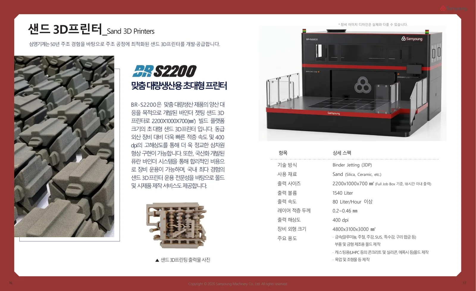 맞춤 대량생산용 초대형 샌드 3D프린터 BR-S2200 상세 스펙